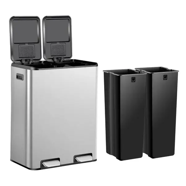 16 Gallon 60L Dual Stainless Steel Garbage and Recycling Bin with Foot Pedal