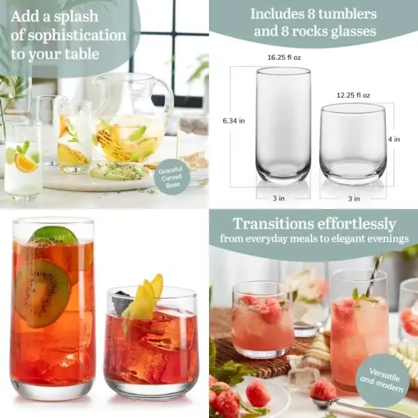 Ascent Tumbler and Rocks Drinking Glasses Set of 16